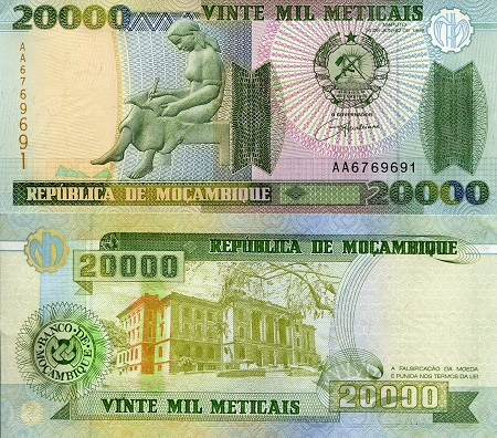 Mozambique 20,000 Meticais Pick Number: 140 aUNC (minor corner issue - noticeable) Banknote