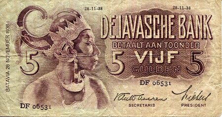 Netherlands Indies 10 Gulden Pick Number: 78b VG (see large scan) Banknote