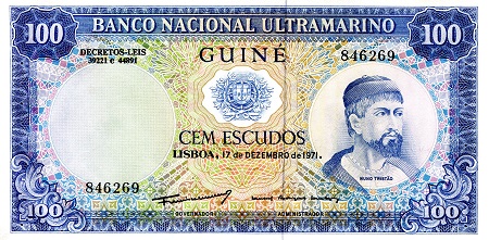 Portuguese Guinea 100 Escudos Pick Number: 45a XF - foxing (standard crinkly paper Banknote