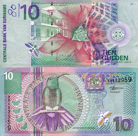 Suriname 10 Gulden Pick Number: 147 XF/VF (writing on some notes) Banknote