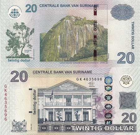 Suriname 20 Dollars Pick Number: 164b UNC Banknote