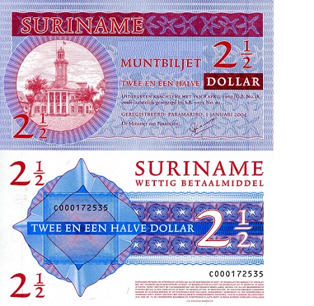 Suriname 2 1/2 Gulden Pick Number: 156 UNC Banknote