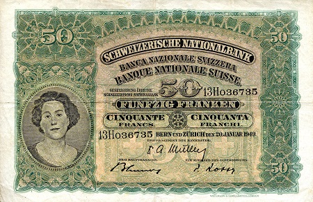 Switzerland 50 Francs Pick Number: 34p VG (see scan) tiny center hole Banknote