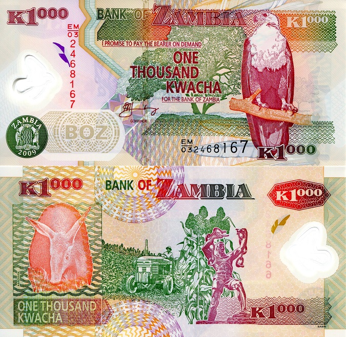 Zambia 1,000 Kwacha Pick Number: 44g UNC Banknote